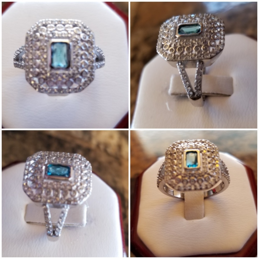 Genuine 2ct Aquamarine/White Sapphire Ring Size 8 - Picture 2 of 6